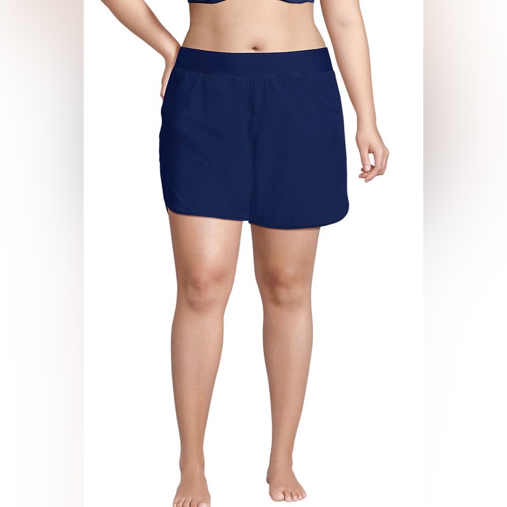New LANDS END 11” Quick Dry Swim Shorts Swimsuit Bottoms Navy Blue High Rise